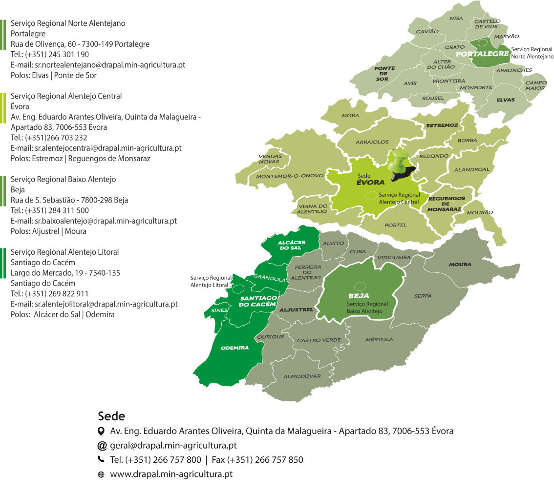 Mapa da área de intervenção da DRAP Alentejo que corresponde ao nível II da Nomenclatura de Unidades Territoriais para Fins Estatísticos (NUTS) do Continente em 2001 abrangendo os distritos de Évora, Beja e Portalegre e ainda quatro concelhos do distrito de Setúbal - Alcácer do Sal, Grândola, Santiago do Cacém e Sines.
